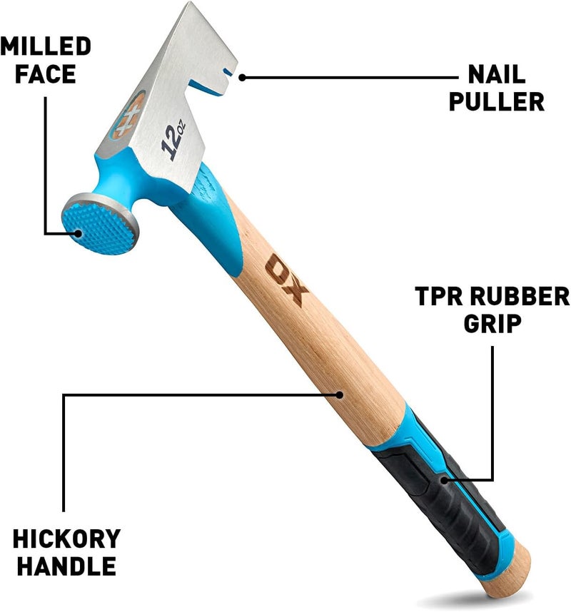 Ox Tools Pro 12oz Dry Wall Hatchet Hammer Combo with TPR Grip and Nail Puller Straight Hickory Handle Milled Face Drywall Hammer Tool Hatchet Hammer -P088712 - Image 2